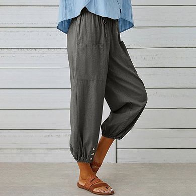 Women's Loose Fitting High Waist Wide Leg Trousers Buckle Cotton Linen Pants Trousers with Pocket