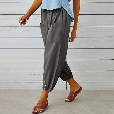 Women's Loose Fitting High Waist Wide Leg Trousers Buckle Cotton Linen Pants Trousers with Pocket