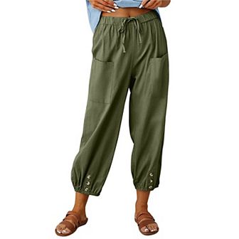Women's Loose Fitting High Waist Wide Leg Trousers Buckle Cotton Linen Pants Trousers with Pocket
