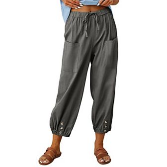 Women's Loose Fitting High Waist Wide Leg Trousers Buckle Cotton Linen Pants Trousers with Pocket