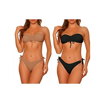 2 Sets Women's Strapless Drawstring Bandeau Bikini Sets Swimwear Solid Lace Up Swimsuit