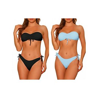 2 Sets Women's Strapless Drawstring Bandeau Bikini Sets Swimwear Solid Lace Up Swimsuit