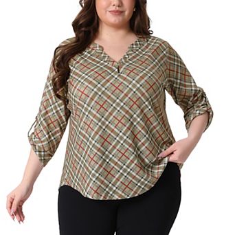 Plus Size Top for Women 3/4 Sleeve V Neck Casual Loose Flowy Plaid Tunic Blouses