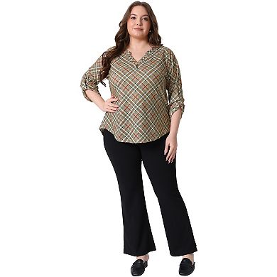 Plus Size Top for Women 3/4 Sleeve V Neck Casual Loose Flowy Plaid Tunic Blouses