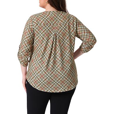 Plus Size Top for Women 3/4 Sleeve V Neck Casual Loose Flowy Plaid Tunic Blouses