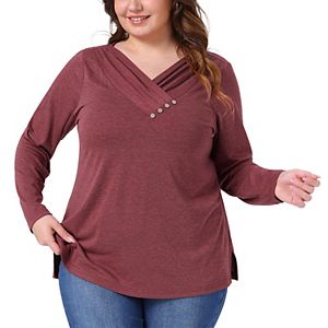 MONNURO Plus Size Women's Tunic Top – V-Neck, Asymmetrical Hem, Flowy Long Sleeve Blouse In D-Fushia, Size 5X