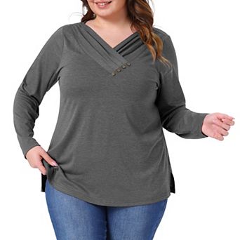Plus Size Tunic Tops for Women V Neck Button Long Sleeve Fall Pullover Shirt Loose Blouse