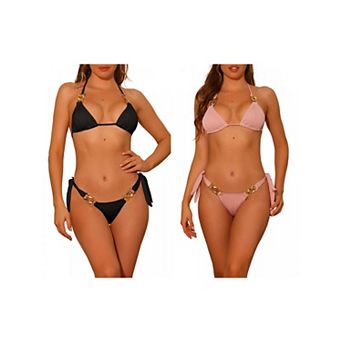 2 Sets Women's Chain Linked Detail Textured Bikini Sets, Tie Side Triangle Thong Bottom Swimsuit