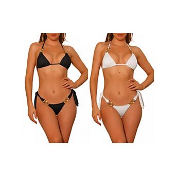 2 Sets Women's Chain Linked Detail Textured Bikini Sets, Tie Side Triangle Thong Bottom Swimsuit