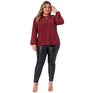 Plus Size Women's Glitter Tops Sparkle Keyhole V Neck Long Sleeve Dressy Blouses Pleated T-Shirts
