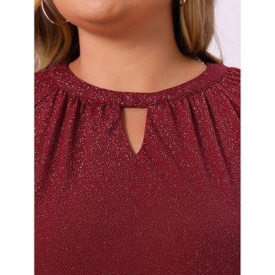 Plus Size Women's Glitter Tops Sparkle Keyhole V Neck Long Sleeve Dressy Blouses Pleated T-Shirts