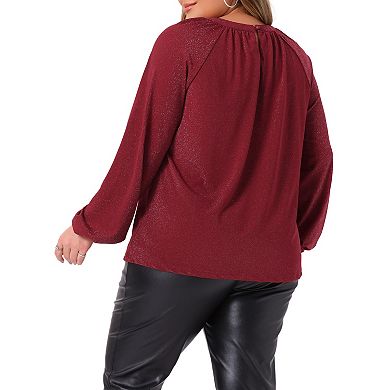 Plus Size Women's Glitter Tops Sparkle Keyhole V Neck Long Sleeve Dressy Blouses Pleated T-Shirts