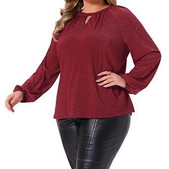 Plus Size Women's Glitter Tops Sparkle Keyhole V Neck Long Sleeve Dressy Blouses Pleated T-Shirts