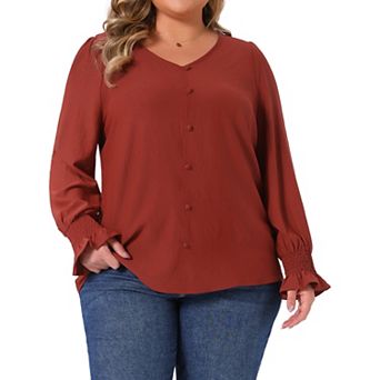 Women's Plus Size Tops V Neck Smocked Long Sleeve Button Decor Front Casual Chiffon Blouse Top