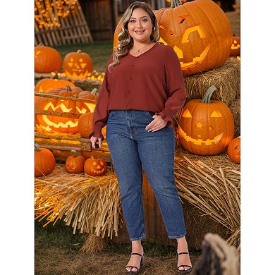 Women's Plus Size Tops V Neck Smocked Long Sleeve Button Decor Front Casual Chiffon Blouse Top