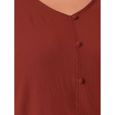 Women's Plus Size Tops V Neck Smocked Long Sleeve Button Decor Front Casual Chiffon Blouse Top