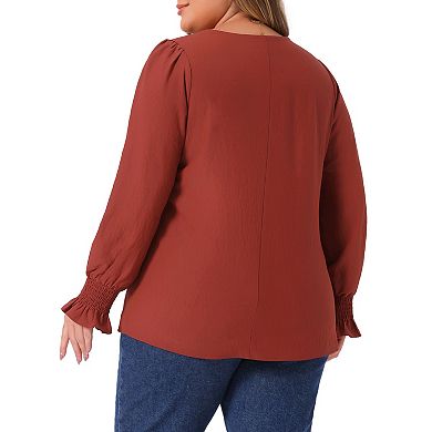 Women's Plus Size Tops V Neck Smocked Long Sleeve Button Decor Front Casual Chiffon Blouse Top
