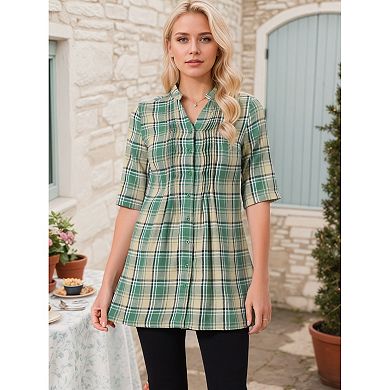 Women's Vintage Check Button Down Shirts V Neck Half Sleeve Plaid Casual Tunic Blouse Top