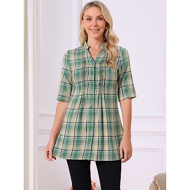 Women's Vintage Check Button Down Shirts V Neck Half Sleeve Plaid Casual Tunic Blouse Top