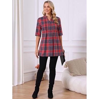 Women's Vintage Check Button Down Shirts V Neck Half Sleeve Plaid Casual Tunic Blouse Top