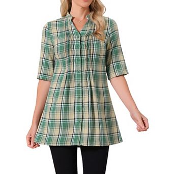 Women's Vintage Check Button Down Shirts V Neck Half Sleeve Plaid Casual Tunic Blouse Top