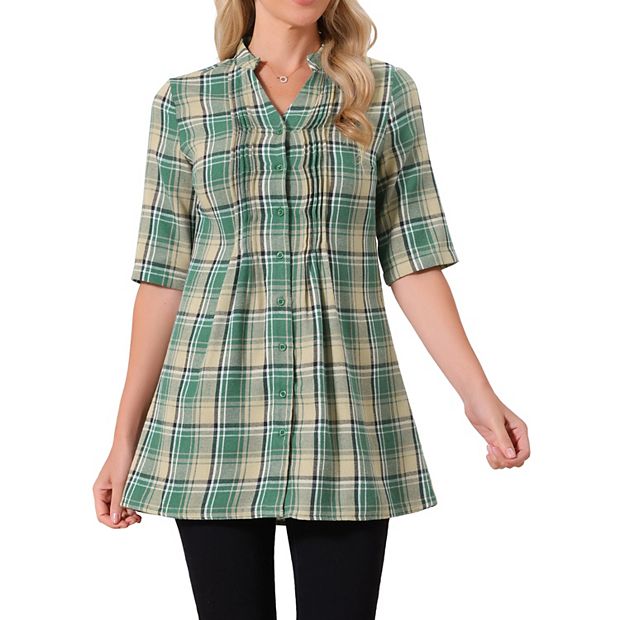 Women's Vintage Check Button Down Shirts V Neck Half Sleeve Plaid Casual  Tunic Blouse Top