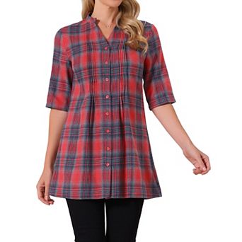 Women's Vintage Check Button Down Shirts V Neck Half Sleeve Plaid Casual Tunic Blouse Top