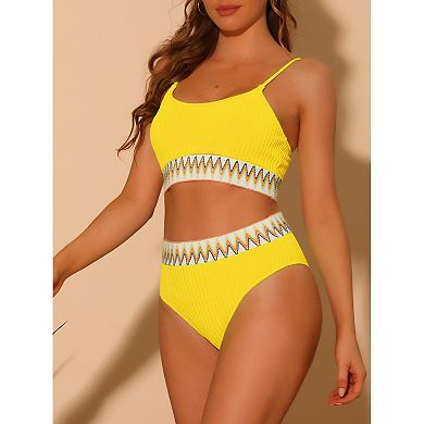 2 Sets Women's High Waisted Ribbed Bikini Sets, Adjustable Spaghetti Straps Swimsuit Swimwear
