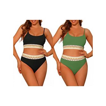 2 Sets Women's High Waisted Ribbed Bikini Sets, Adjustable Spaghetti Straps Swimsuit Swimwear