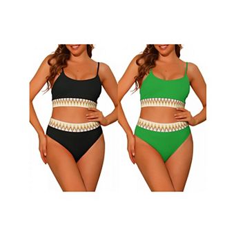 2 Sets Women's High Waisted Ribbed Bikini Sets, Adjustable Spaghetti Straps Swimsuit Swimwear