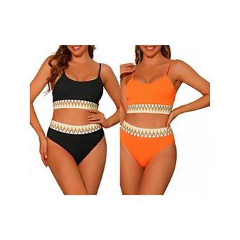 2 Sets Women's High Waisted Ribbed Bikini Sets, Adjustable Spaghetti Straps Swimsuit Swimwear