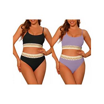 2 Sets Women's High Waisted Ribbed Bikini Sets, Adjustable Spaghetti Straps Swimsuit Swimwear