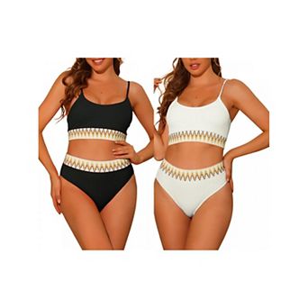 2 Sets Women's High Waisted Ribbed Bikini Sets, Adjustable Spaghetti Straps Swimsuit Swimwear