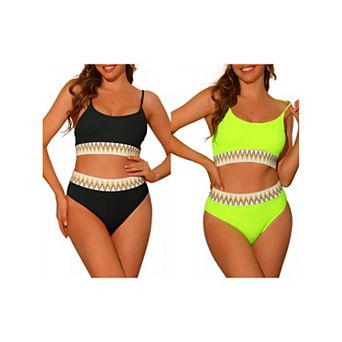 2 Sets Women's High Waisted Ribbed Bikini Sets, Adjustable Spaghetti Straps Swimsuit Swimwear