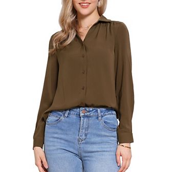 Button Down Collared Shirt for Women's Long Sleeve Business Casual Blouse Top