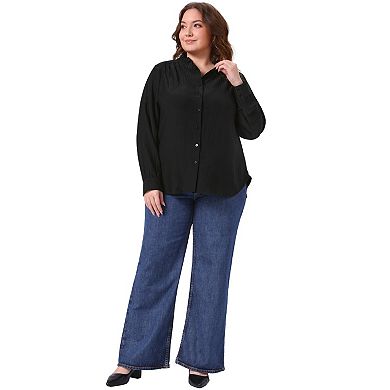 Women's Plus Size Office Button Down Shirt Ruffle Stand Collar Long Sleeve Business Casual Shirt