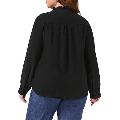 Women's Plus Size Office Button Down Shirt Ruffle Stand Collar Long Sleeve Business Casual Shirt