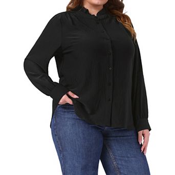 Women's Plus Size Office Button Down Shirt Ruffle Stand Collar Long Sleeve Business Casual Shirt