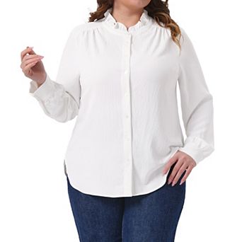 Women's Plus Size Office Button Down Shirt Ruffle Stand Collar Long Sleeve Business Casual Shirt