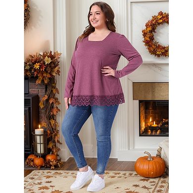 Plus Size Tops for Women Long Sleeve Square Neck Tunic Fall Winter Blouse with Lace Hem