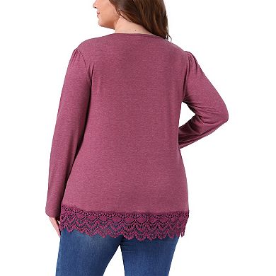 Plus Size Tops for Women Long Sleeve Square Neck Tunic Fall Winter Blouse with Lace Hem