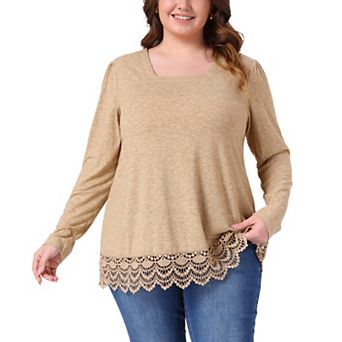 Plus Size Tops for Women Long Sleeve Square Neck Tunic Fall Winter Blouse with Lace Hem
