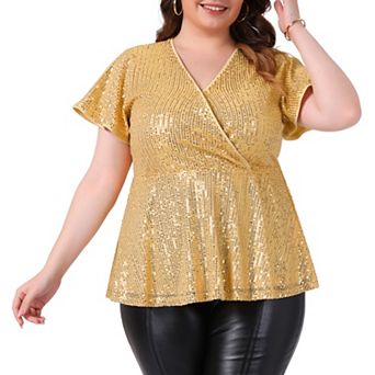 Plus Size Sequin Tops for Women V Neck Faux Wrap Metallic Short Sleeve Peplum Blouses Party Tops