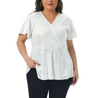 Plus Size Sequin Tops for Women V Neck Faux Wrap Metallic Short Sleeve Peplum Blouses Party Tops