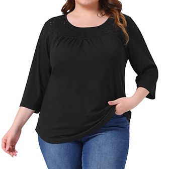 Plus Size Tops for Curvy Women 3/4 Sleeve Crochet Lace Detail Blouse Top Tunic Flowy Casual Shirt