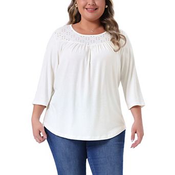Plus Size Tops for Curvy Women 3/4 Sleeve Crochet Lace Detail Blouse Top Tunic Flowy Casual Shirt