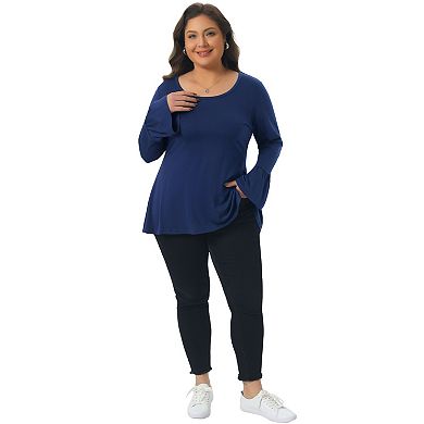 Plus Size Tops for Women Crew Neck Bell Long Sleeve High Low Hem Blouses