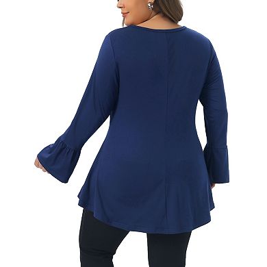 Plus Size Tops for Women Crew Neck Bell Long Sleeve High Low Hem Blouses