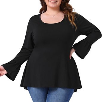 Plus Size Tops for Women Crew Neck Bell Long Sleeve High Low Hem Blouses