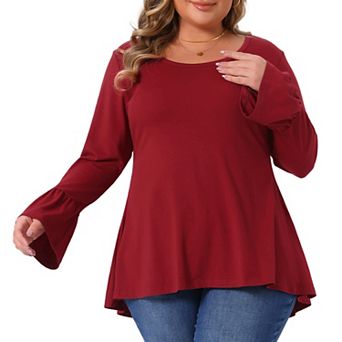 Plus Size Tops for Women Crew Neck Bell Long Sleeve High Low Hem Blouses